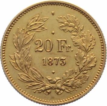 „Schweiz 20 Franken 1873 – 3 Punkt Probe in Gold“